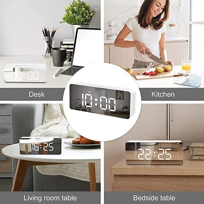 Digital Alarm Clock, LED Display Clock Best Makeup Bedroom Mirror Travel Alarm Office Bedroom Clock, Alarm Clock with Snooze, Dimmer Control, Support Battery Powered a29m3r-st