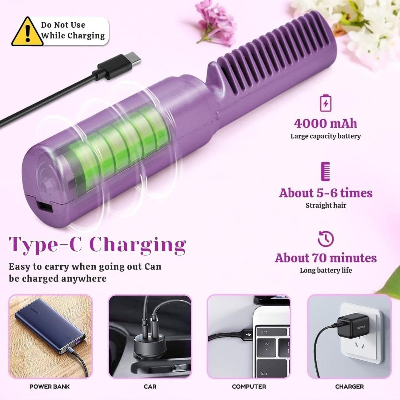 Meneflix Portable Mini Hair Straightener Cordless Rechargeable Mini Adjustable Hair Straightener Hot Comb a29m3r-st